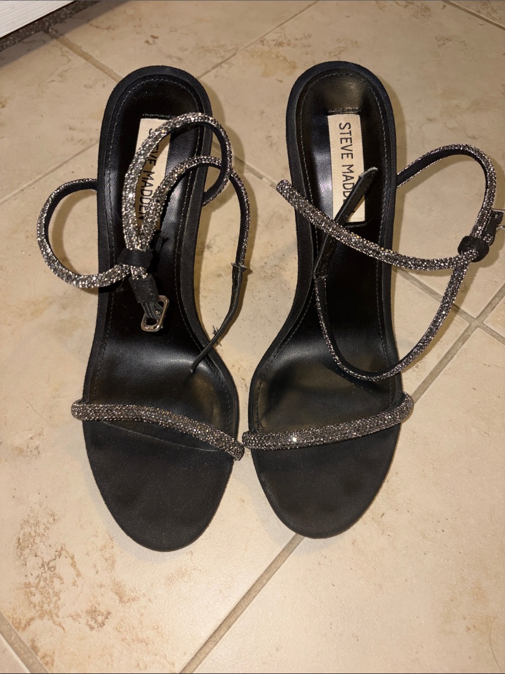 Black Steve Madden Women's Ankle-Strap Heels with rhinestones and faux suede - Picture 2 of 5